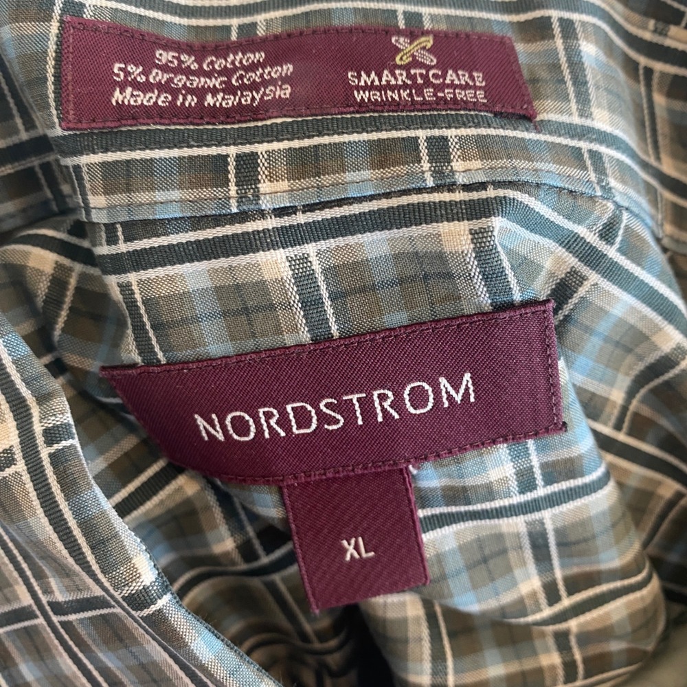 Nordstrom Men's Blue Green Plaid Short Sleeve Button Down Shirt Logo XL - Picture 10 of 12